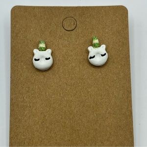 White and green shiny unicorn donut stud earrings